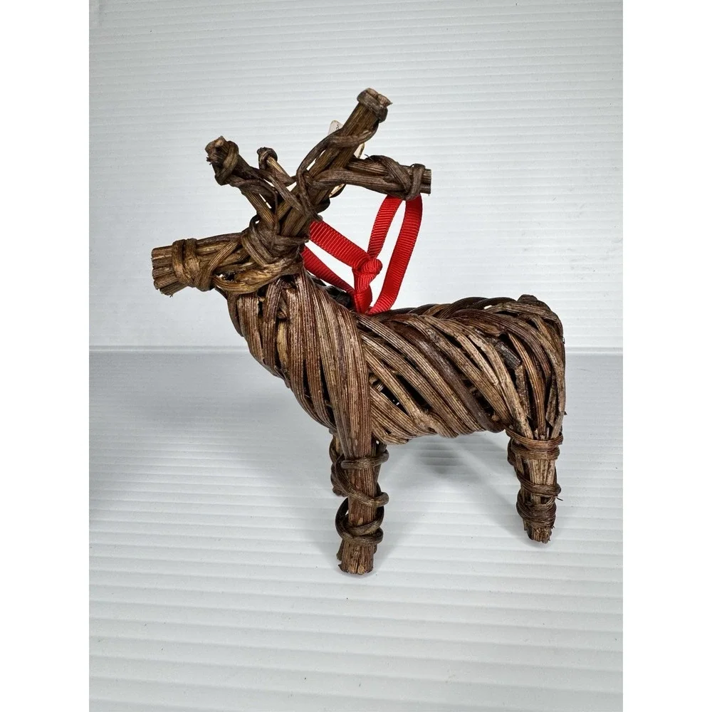 Pottery Barn NWT Reindeer Christmas Ornaments Deer Pair Wood Wicker Ribbon 7